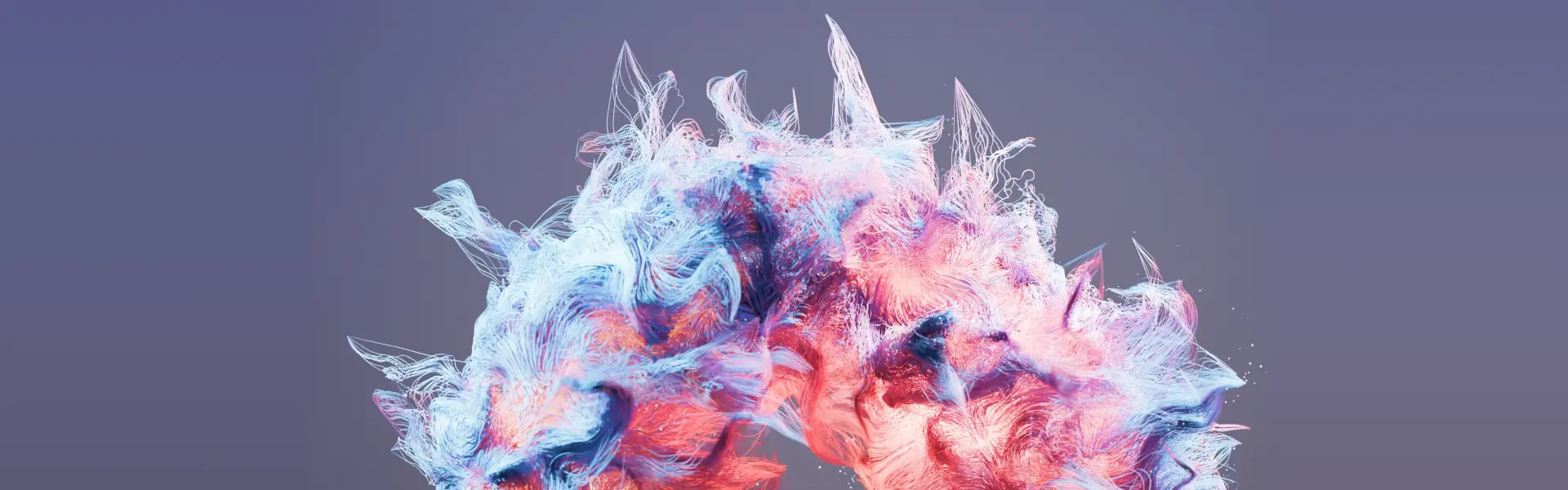 Abstract 3D render of pink and blue fibrous forms fanning outward on a muted purple background