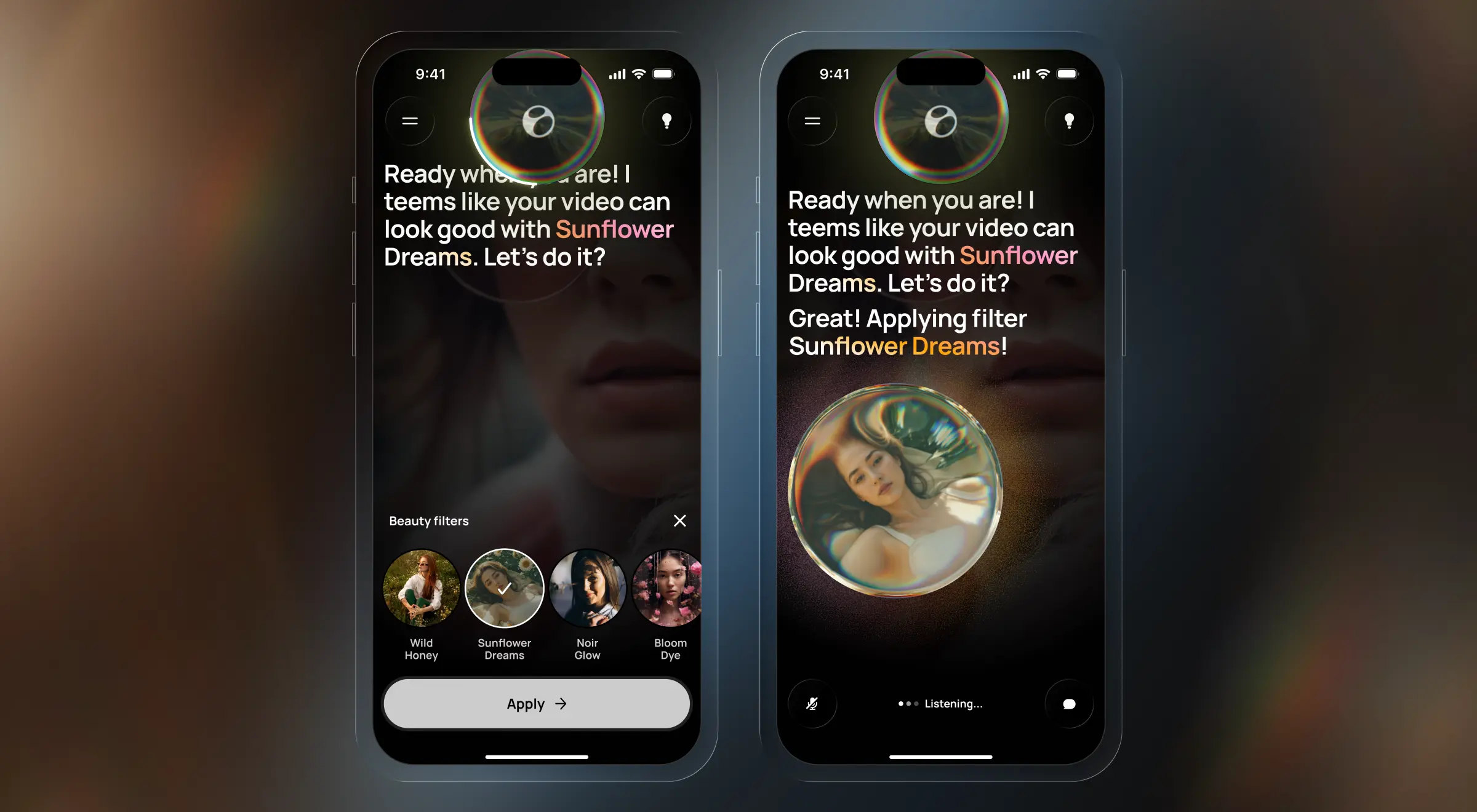 Two phone screens where a voice assistant suggests a video filter, then confirms it applying